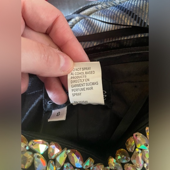 La Femme Rhinestone Jewel Rouched Strapless Black Mini Dress Style 16368 - Picture 7 of 10